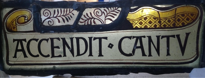 Accendit cantu: motto in stained glass translates to ‘He animates by crowing’ – very appropriate for the cockerel