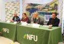 From left, Michael Oakes, chair of the National Farmers Union (NFU) Dairy Board, Victoria Sherrington-Jones, producer and owner of Country Fresh Eggs, Minette Batters, NFU president, Julian Marks, Group Managing Director at Barfoots of Botley, speaking