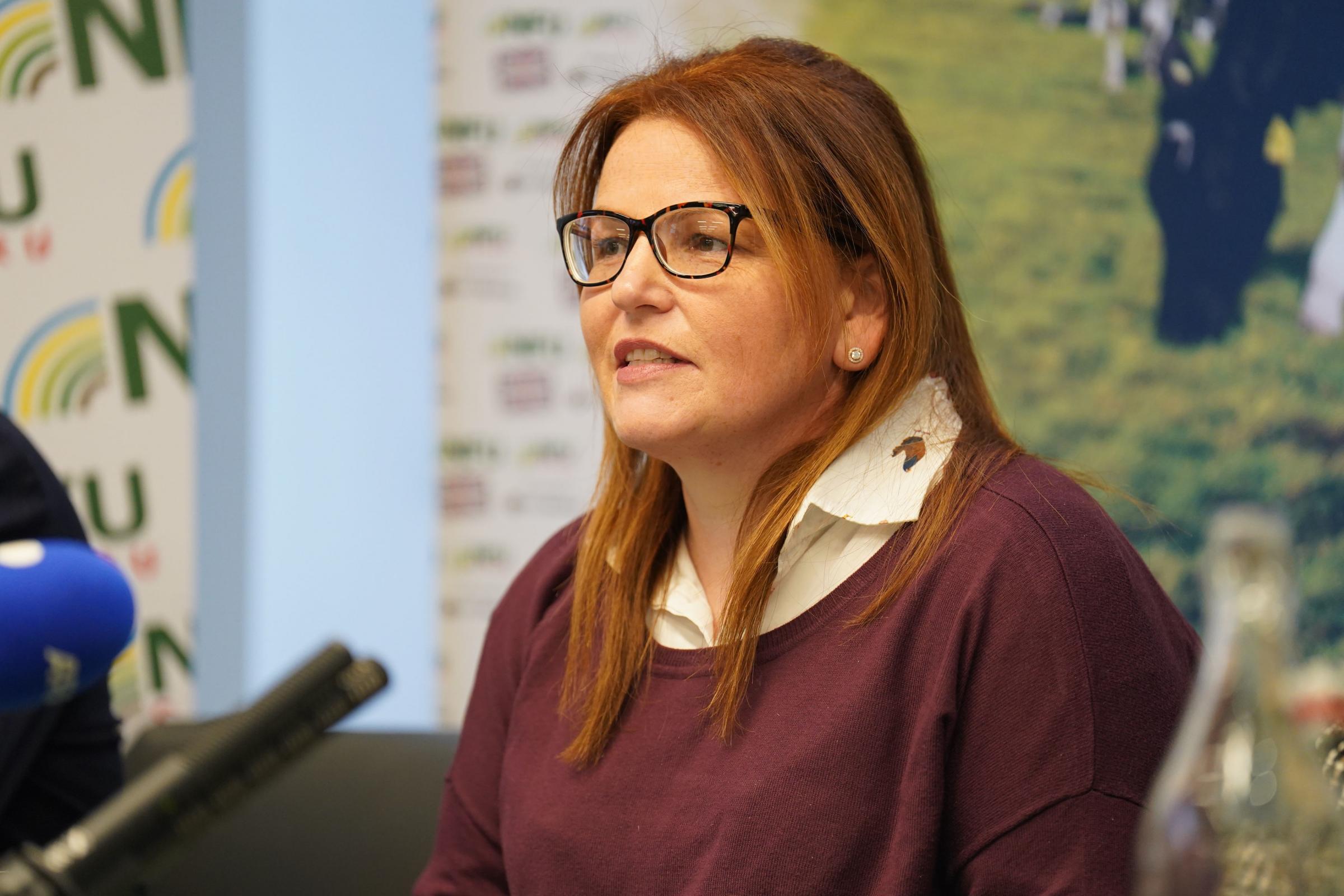 Victoria Sherrington-Jones, producer and owner of Country Fresh Eggs, speaking about the food supply chain issues impacting multiple farming sectors during a press conference at the National Farmers Union in London