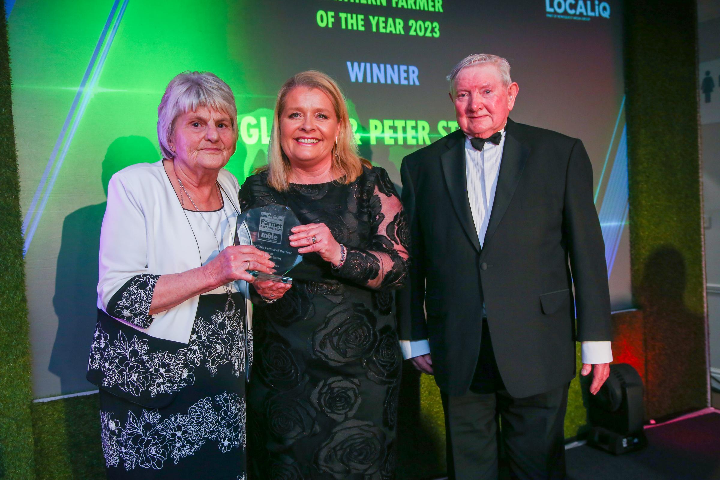 The 2023 Northern Farmer Awards at Pavillions of Harrogate. Northern Farmer of the Year - Gladys & Peter Stubbs. Presented by Sam Holdstock. Picture by Tom Banks