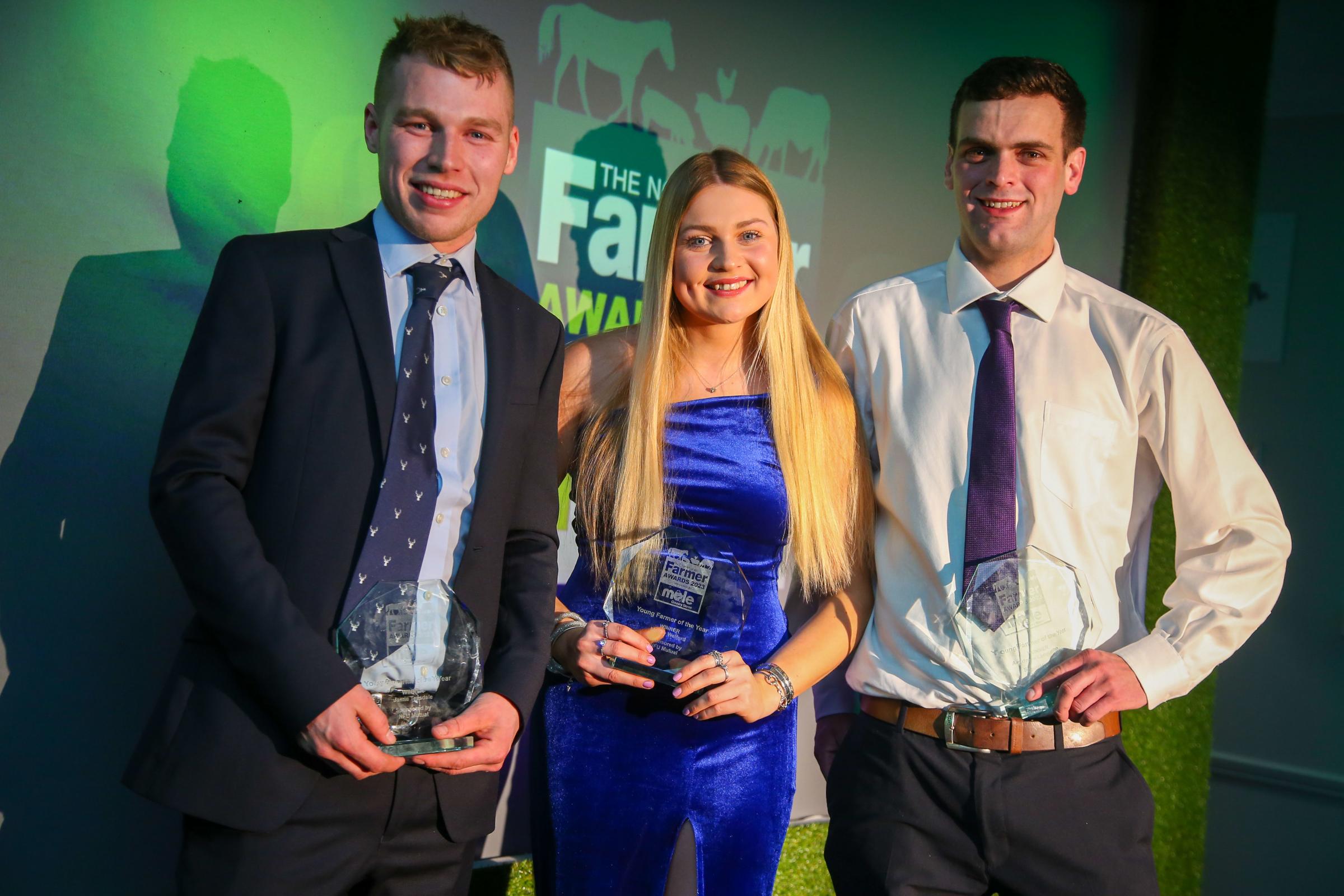 The 2023 Northern Farmer Awards at Pavillions of Harrogate. Young Farmer of the Year Award - Maddy Welford, Jamie Teasdale, Andrew Langthorne. Presented by Kevin Braithwaite of NFU Mutal. Picture by Tom Banks
