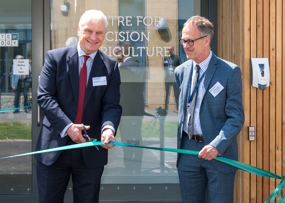 The opening of the Centre for Precision Agriculture by Graham Stuart, MP for Beverley and Holderness , watched by Bishop Burton College Principal Bill Meredith in 2021
