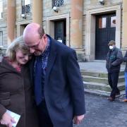 Karen Henderson with Robert Hooper addressing the media and supporters outside Durham Crown Court