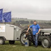 Pete Burdass with his Little Grey Tractor and Ted the mascot